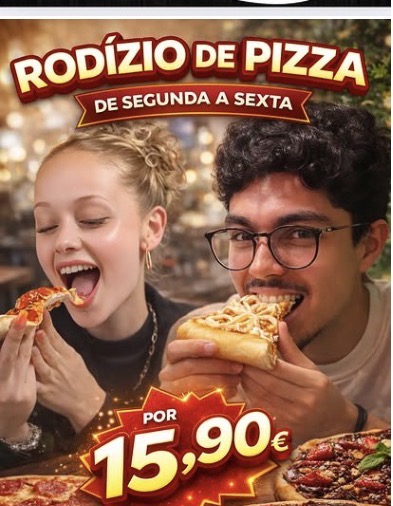 Casal a comer pizza no rodízio Dona Margherita